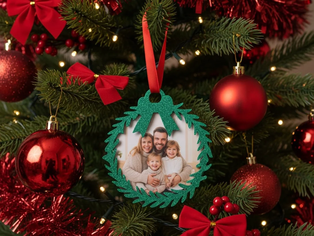 Christmas Photo Frame Ornament for Tree, Wreath Shape Snap-Fit Decoration photo 1