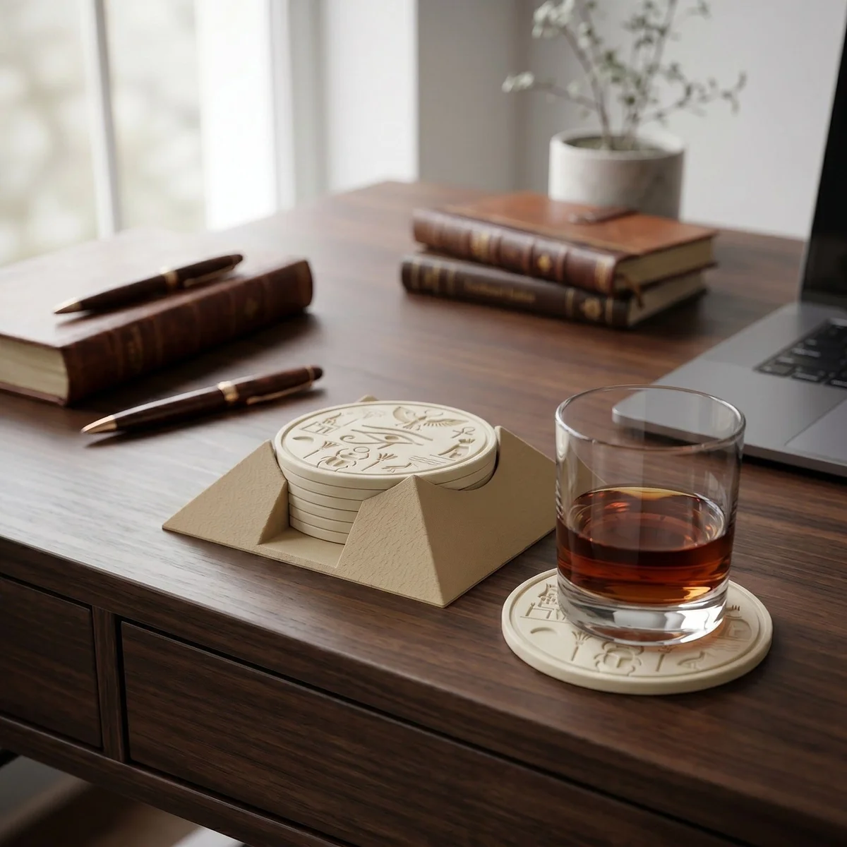 Coaster Set of 6 with Pyramid Holder for Drinks Ancient Egyptian Hieroglyph photo 1
