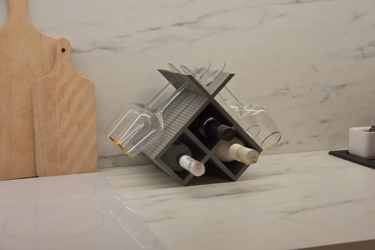 Wine Rack for 3 Bottles & 4 Glasses Modern Ribbed Countertop Stand Home Bar photo 2