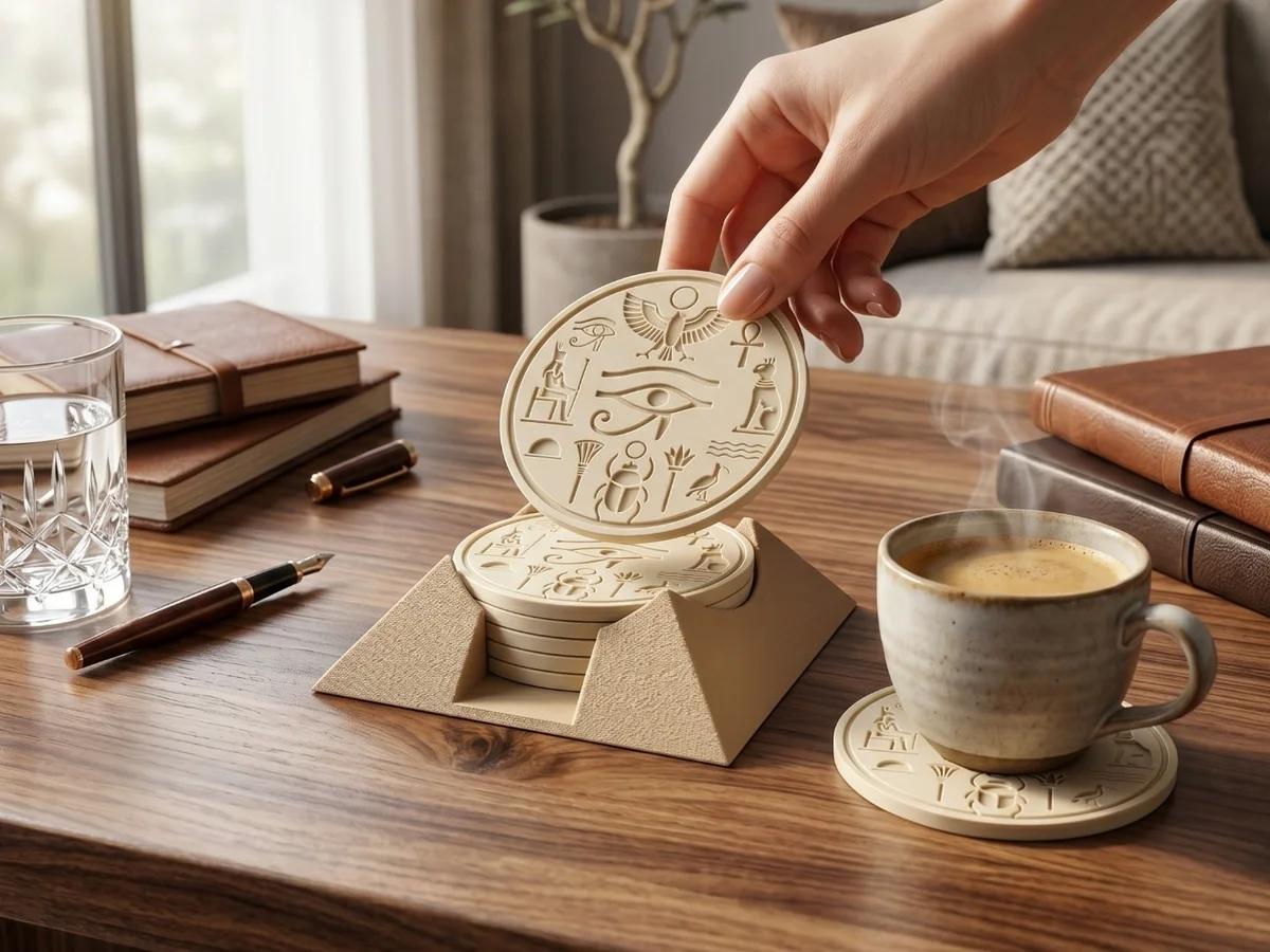 Coaster Set of 6 with Pyramid Holder for Drinks Ancient Egyptian Hieroglyph photo 8